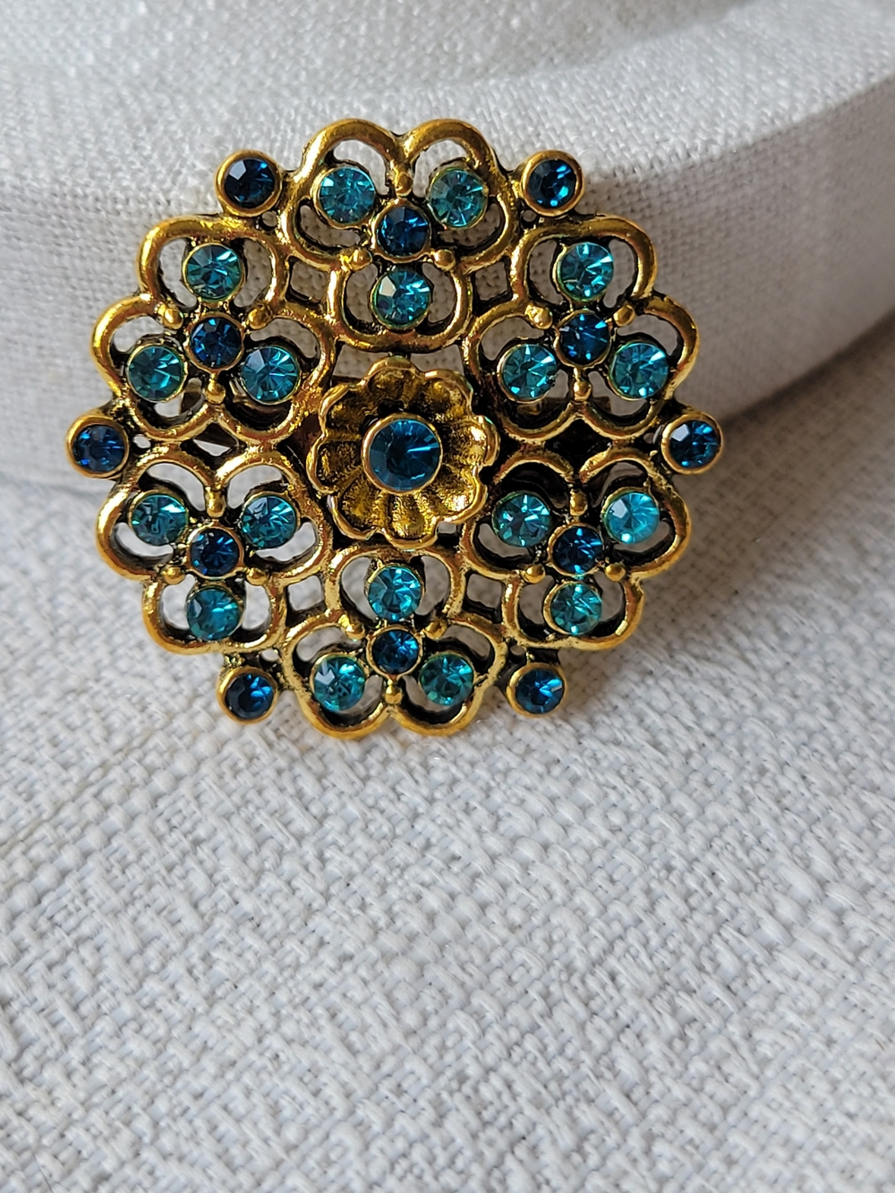 Vintage Teal Blue Crystal Floral Brooch